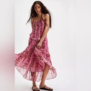 Free People Alejandra pink  Floral Midi Dress Xs